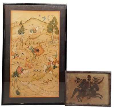 two framed pictures of a painting and a picture of a man on a horse