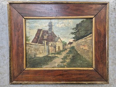 an old painting of a village with a church in the background