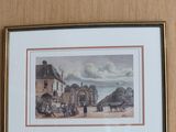 painting of a village scene with a horse drawn carriage in the foreground