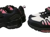 two pairs of children ' s shoes with pink and black stripes