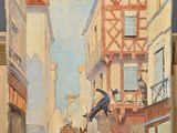 a picture of a painting of a horse and carriage on the street