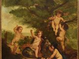 une peinture à l'huile représentant un groupe de cherensils dans un décor boisé