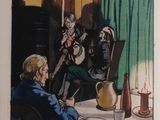 a picture of a painting of a man sitting at a table