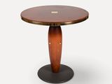 une table ronde en bois avec un piètement en métal et un plateau en bois