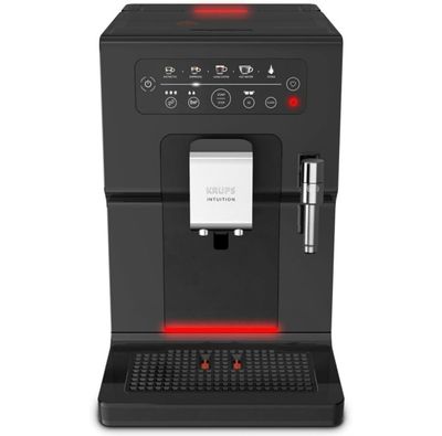 a black coffee machine with a red light on it