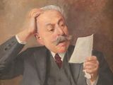 painting of a man in a suit holding a piece of paper in his hand
