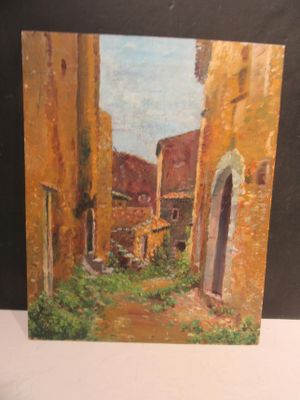 an oil painting of a street scene with buildings and a doorway