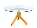 une image représentant une table avec un plateau en verre et des pieds en bois