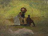 tableau représentant un groupe de personnes dans un champ, avec un homme tenant un parapluie
