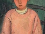 tableau représentant une jeune fille en robe rose, assise sur une chaise
