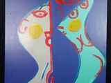 tableau représentant le visage d'une femme et celui d'un homme, peint en bleu, rouge et jaune