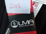 a black jacket with a red and white tag on it