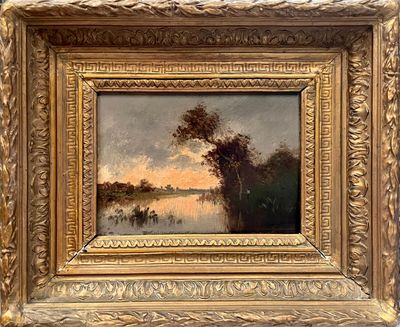 une image d'une peinture représentant une scène de rivière avec un bateau dans l'eau