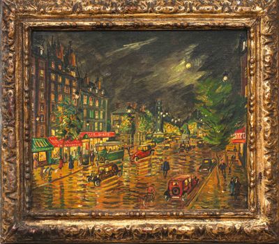 an oil painting of a rainy city street scene with a horse and buggy in the foreground