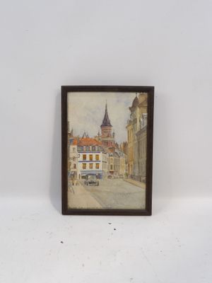 tableau représentant une scène de rue avec une voiture au premier plan et un bâtiment à l'arrière-plan