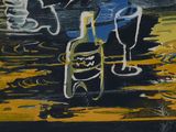 a painting of a man sitting at a table with a bottle of wine