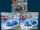 three lego speed cars in a bag on a blue background