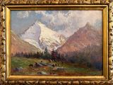 an image of a painting of a mountain scene with cattle