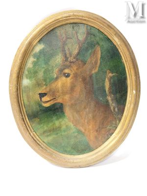 tableau représentant un cerf dans un cadre doré sur fond blanc