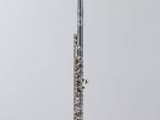 a silver flute on a clear stand against a gray background