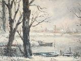 a painting of a snowy landscape with a boat in the water