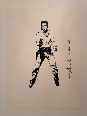 a black and white drawing of a man with a gun