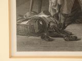 a drawing of a man standing next to a basket of shoes