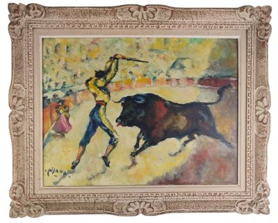 une peinture à l'huile représentant un taureau et un homme armé d'une épée lors d'une corrida