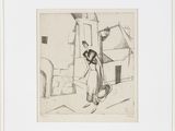 un dessin en noir et blanc représentant une femme marchant dans la rue