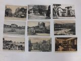 several old black and white photographs of buildings and people on a street