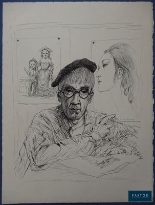 dessin représentant un homme et une femme regardant un chat