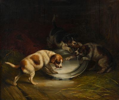 tableau représentant deux chiens buvant de l'eau dans un bol, dans une grange