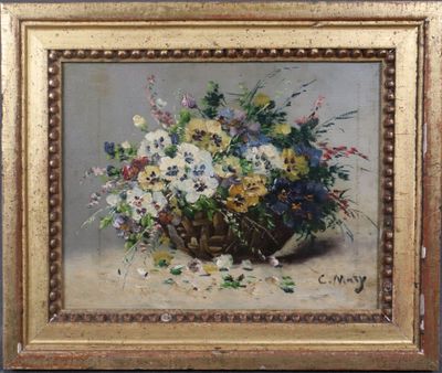 an oil painting of a basket of flowers on a table