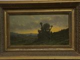 une peinture à l'huile représentant un paysage avec un arbre solitaire au premier plan