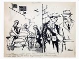drawing of a group of men in suits and hats standing in front of a building