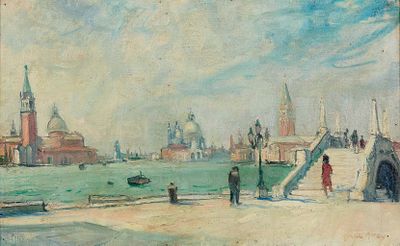peinture représentant une vue d'une ville avec un pont enjambant un plan d'eau