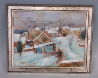 une reproduction d'un tableau représentant une ville enneigée, dans un cadre argenté