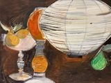 un tableau représentant un bol de fruits et un verre de vin posés sur une table