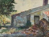 une peinture à l'huile représentant une grange avec un arbre au premier plan