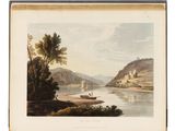 un tableau représentant une rivière sur laquelle navigue un bateau, avec un château au loin