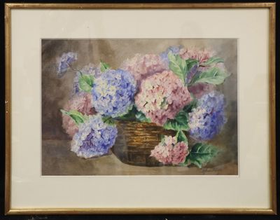 painting of a basket of hydrants with purple and blue flowers