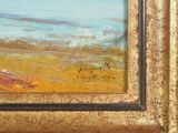 an oil painting of a beach scene in a gold frame