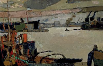 peinture d'un bateau sur l'eau sur fond de ciel