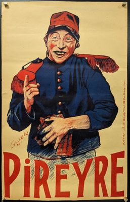 an old poster of a man in uniform holding a knife