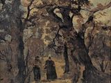 une image représentant un tableau où l'on voit un groupe de personnes marchant sur un sentier