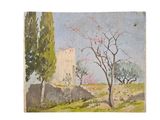 an image of a painting of a tree and a building in the background