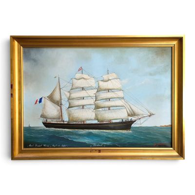 an oil painting of a sailing ship in the ocean on a white background