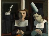 painting of two women sitting at a table with a knife in their hand