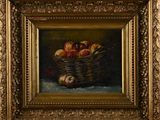 a painting of apples in a basket on a table