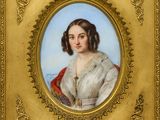 portrait d'une dame en robe blanche avec un châle rouge